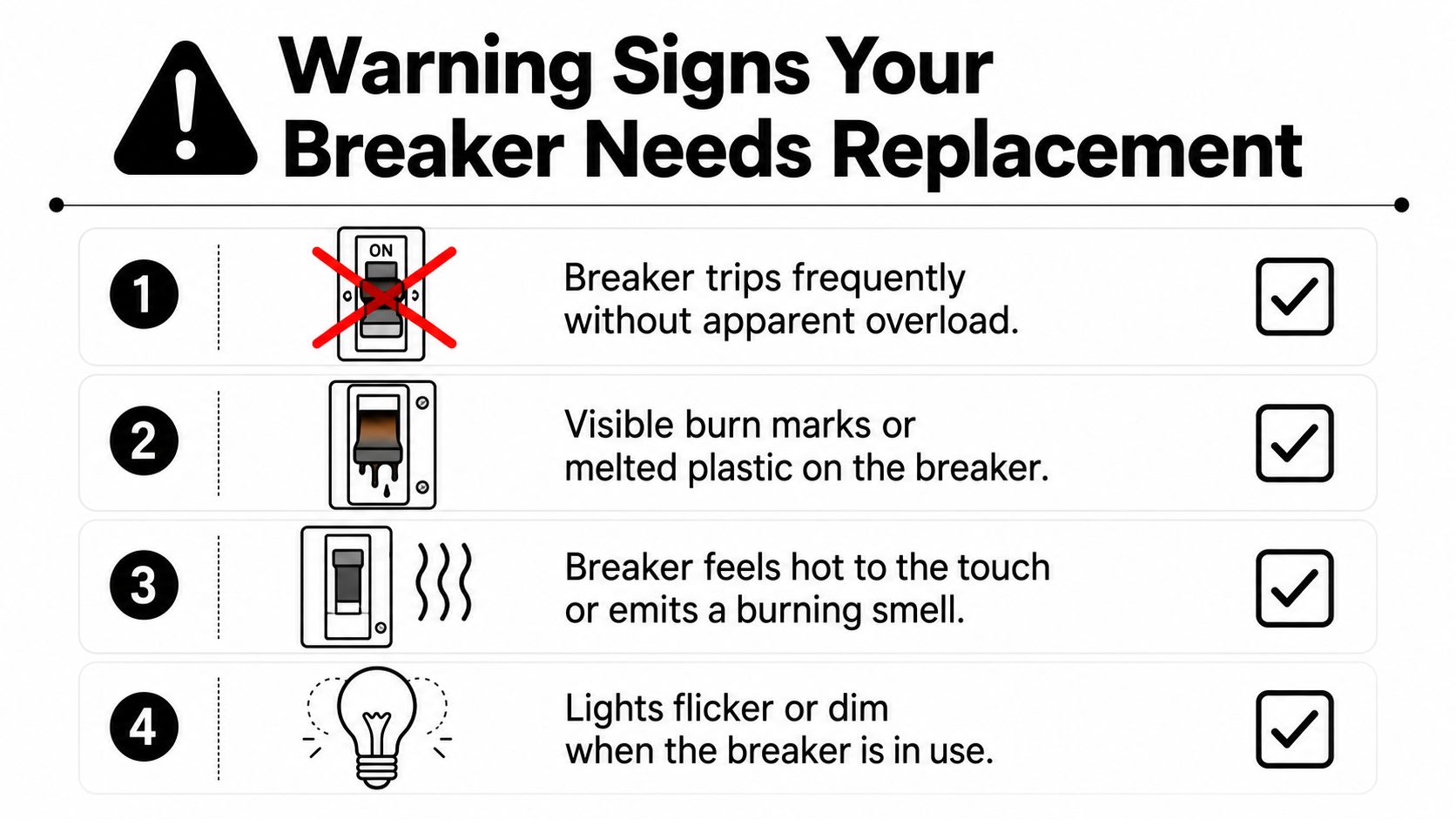 An infographic listing four common warning signs indicating that an electrical circuit breaker needs immediate replacement.