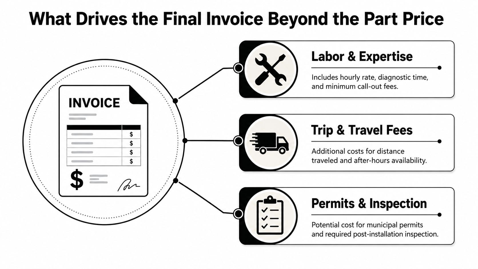 A visual infographic explaining factors beyond part prices that influence the final invoice for professional services.