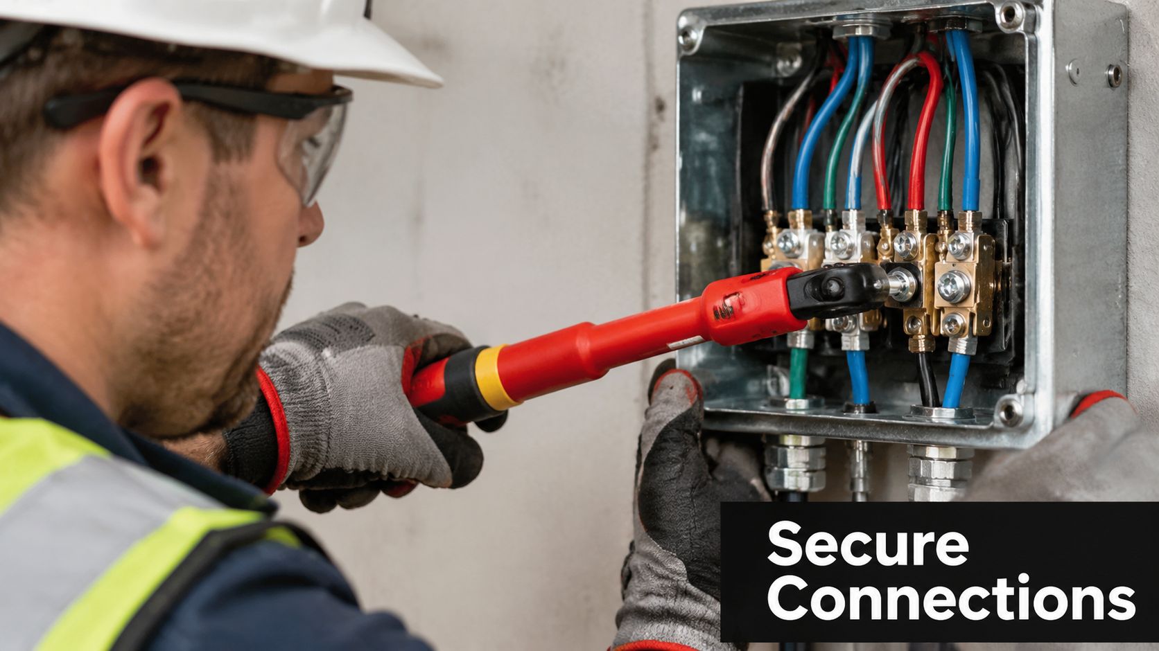 A professional electrician performing commercial lighting maintenance by tightening connections on an electrical panel wall mount.