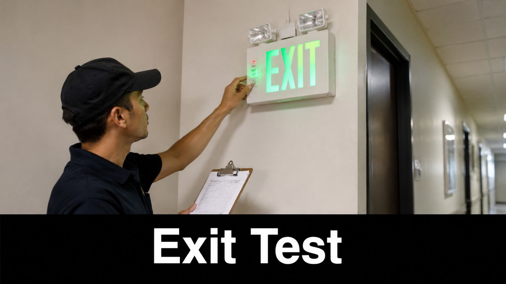 A technician performing a maintenance test on a bright green illuminated exit sign in a hallway.