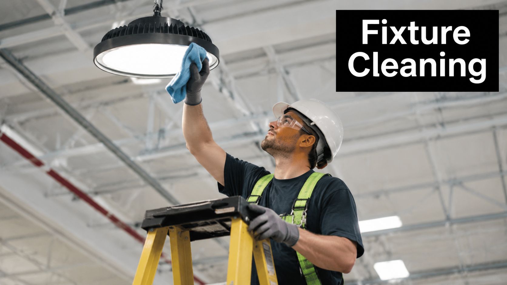 A technician wearing a hard hat and safety harness cleaning a commercial industrial light fixture from a ladder.
