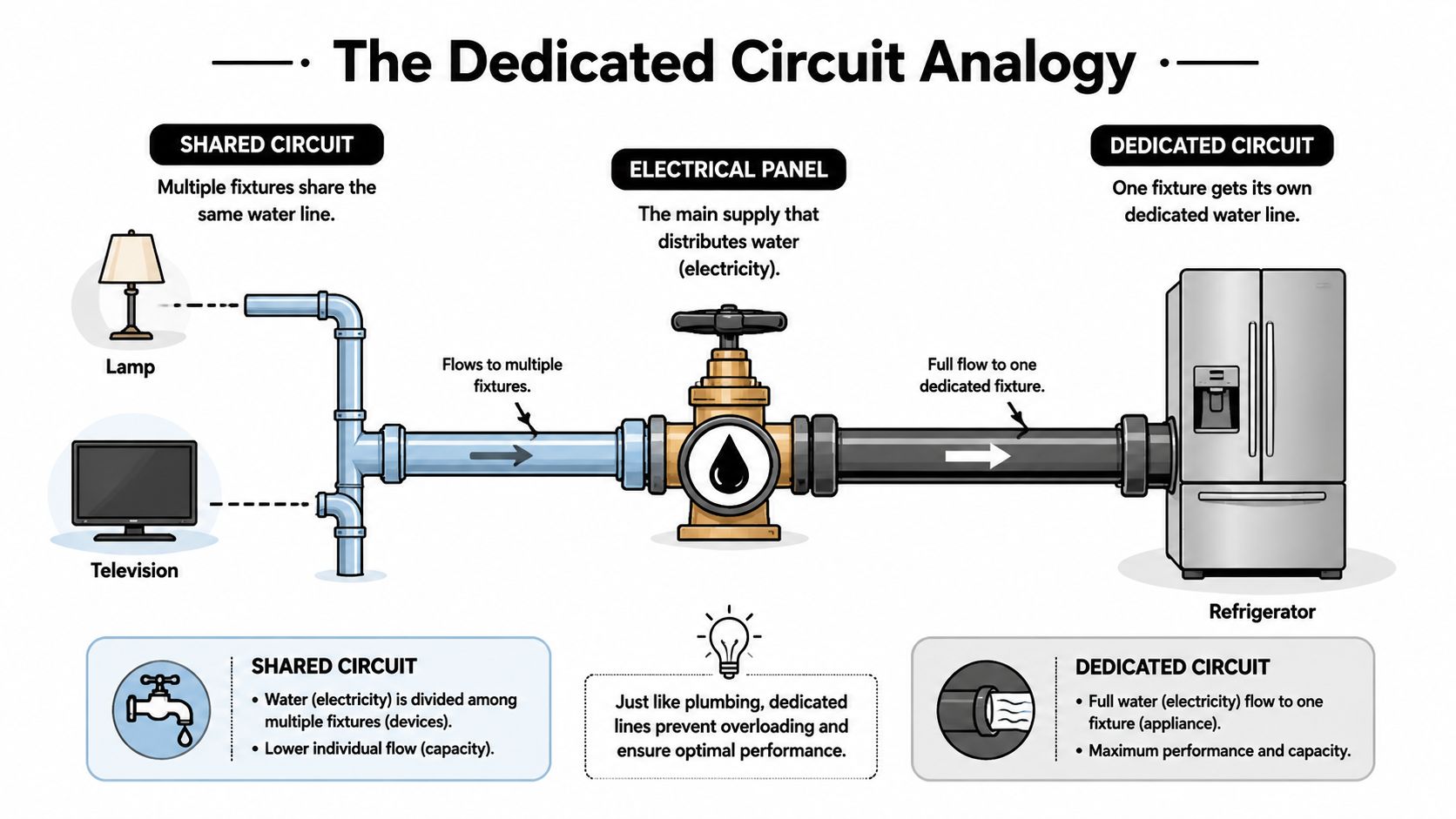 A diagram comparing shared electrical circuits and dedicated circuits using a plumbing analogy with water pipes.