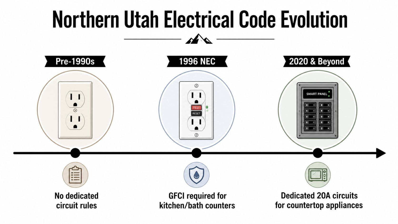 A timeline graphic showing the evolution of electrical codes in Northern Utah from the 1990s to present.