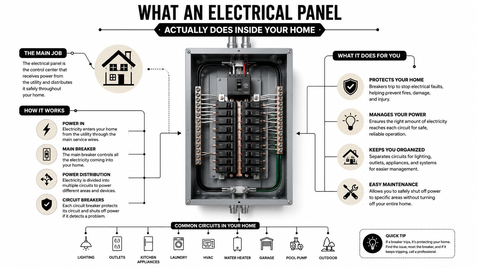 A detailed infographic explaining how an electrical panel functions within a home to distribute and manage electricity.