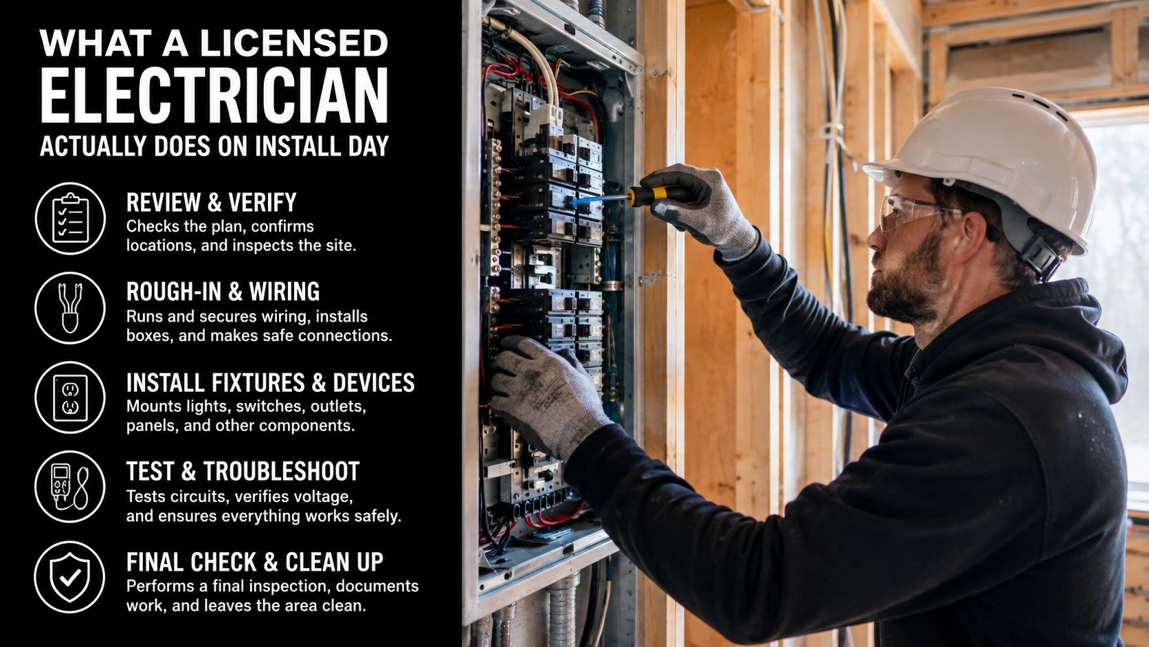 A professional licensed electrician in safety gear installing a circuit breaker panel in a residential construction site.