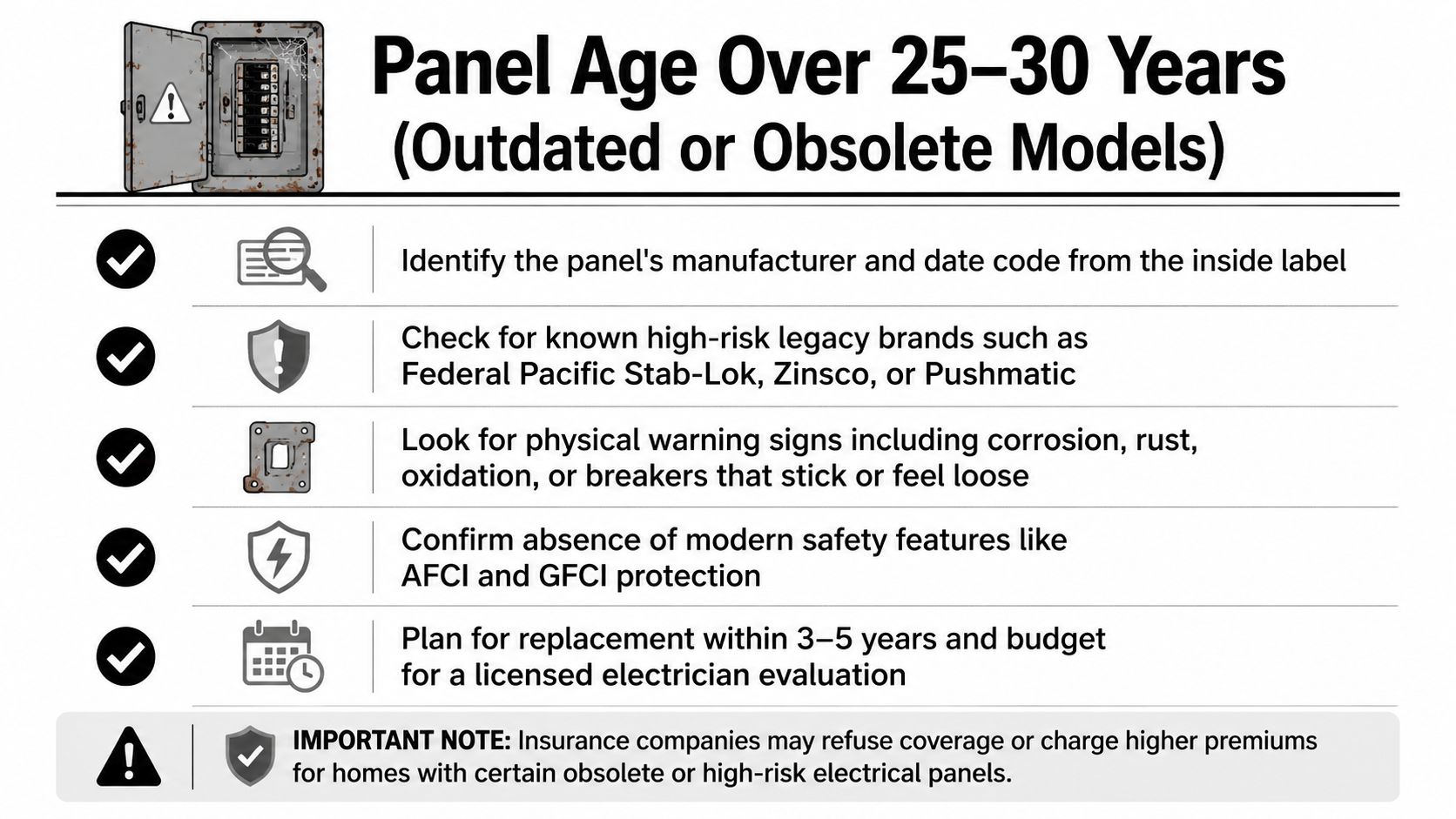 An infographic showing warning signs that an electrical panel is outdated and may need replacement.