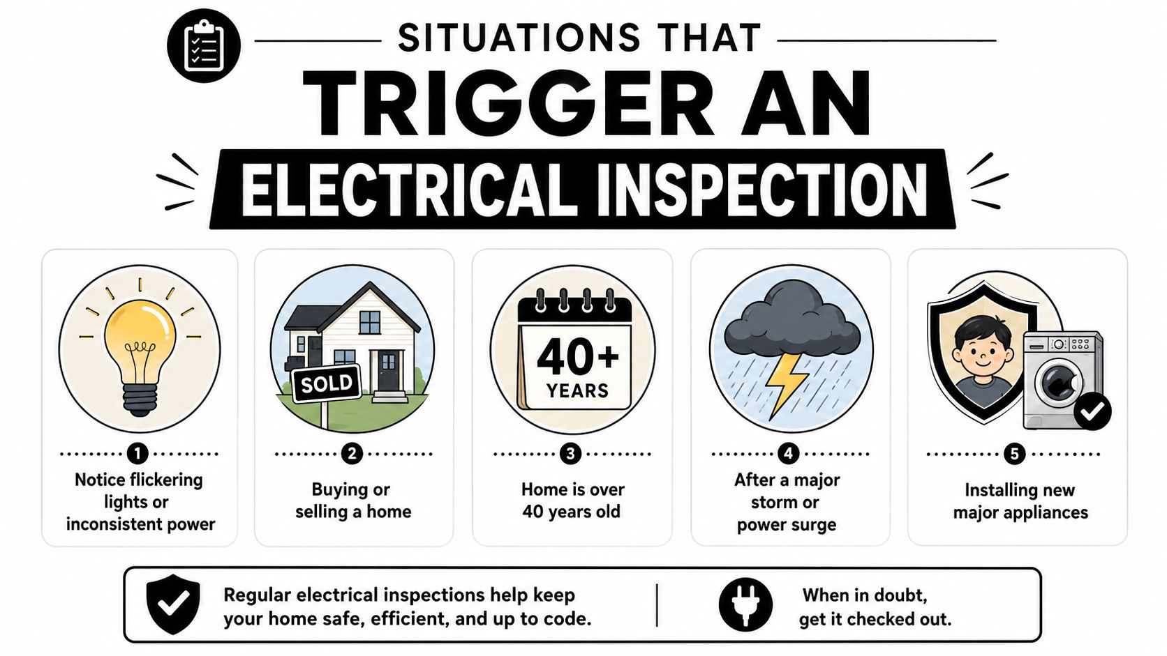 An infographic showing five situations that trigger an electrical inspection, including home age and appliances.