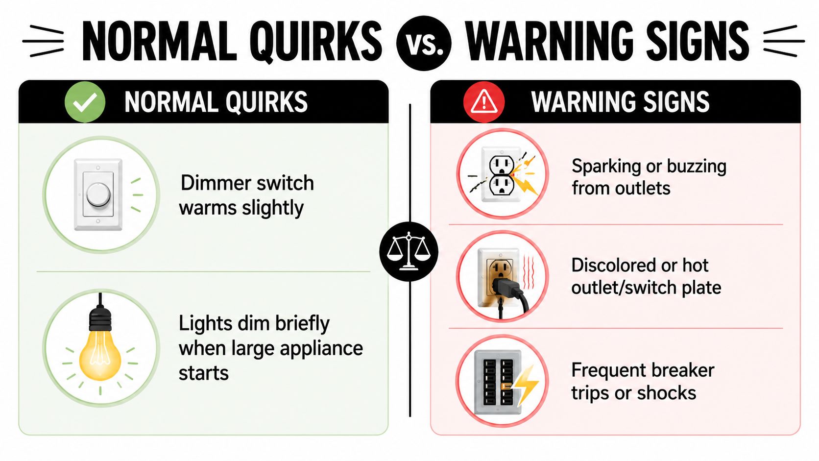 A comparison chart showing normal electrical quirks versus potential warning signs that require professional attention for home safety.