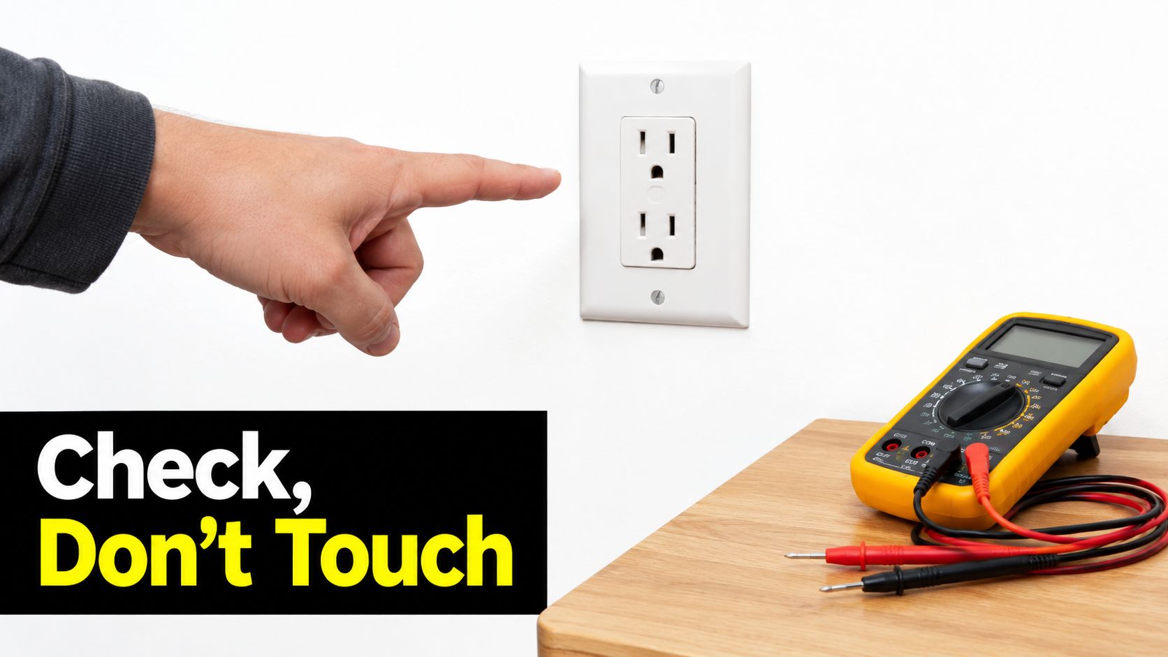 A hand points to a wall outlet near a multimeter, demonstrating electrical safety procedures.