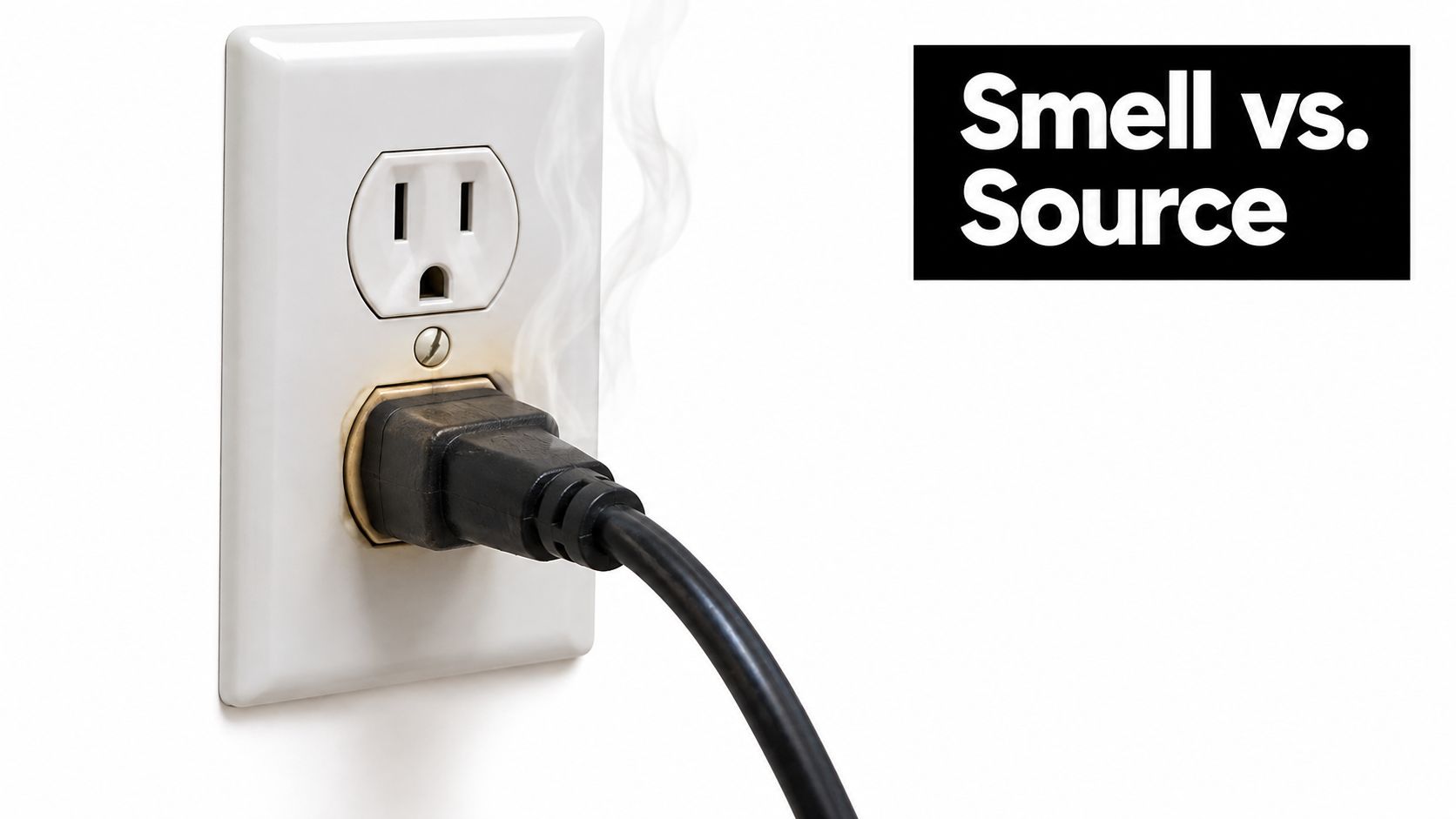 A black power plug smoking in a wall outlet, illustrating a potential home electrical fire hazard.