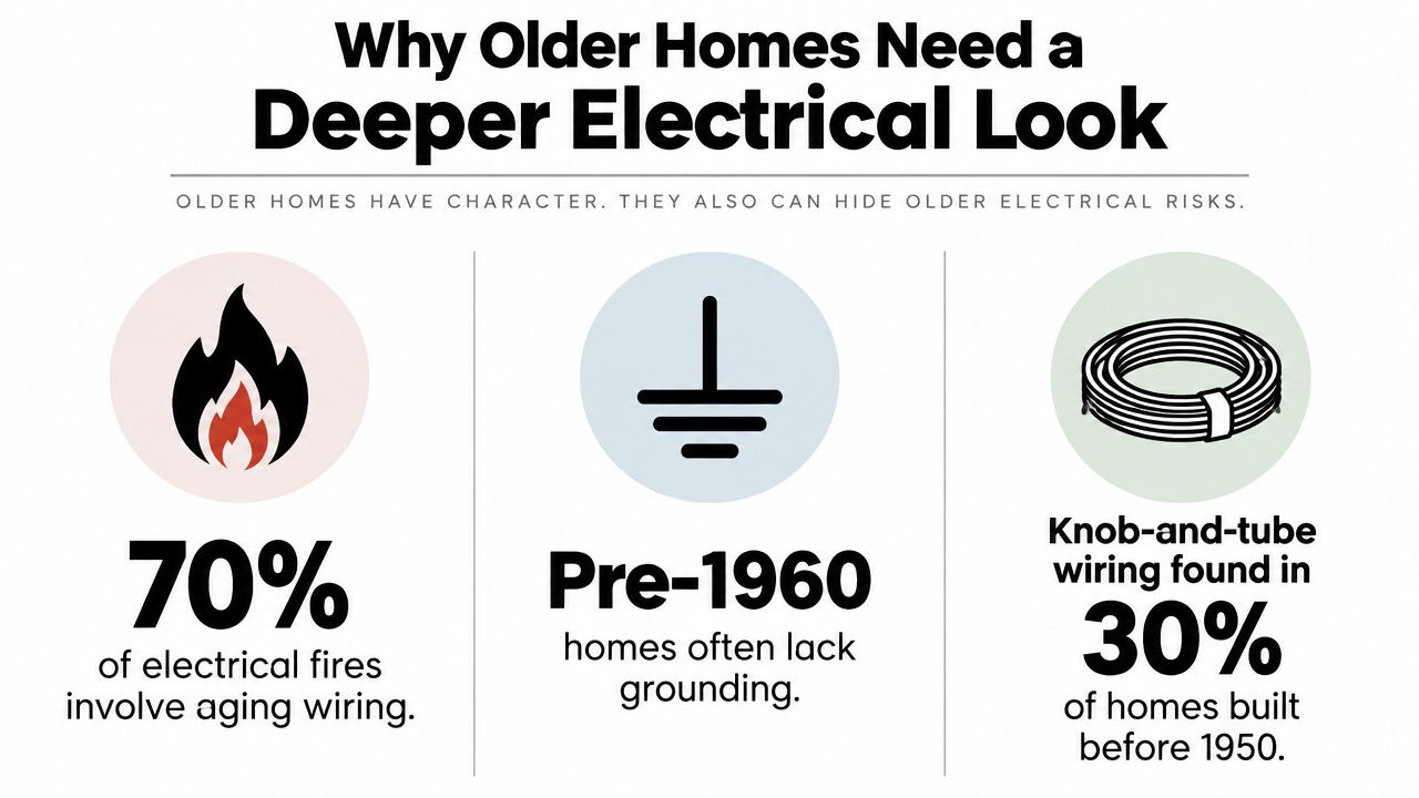 An infographic illustrating why older homes need electrical inspections due to aging wiring, lack of grounding, and knob-and-tube risks.