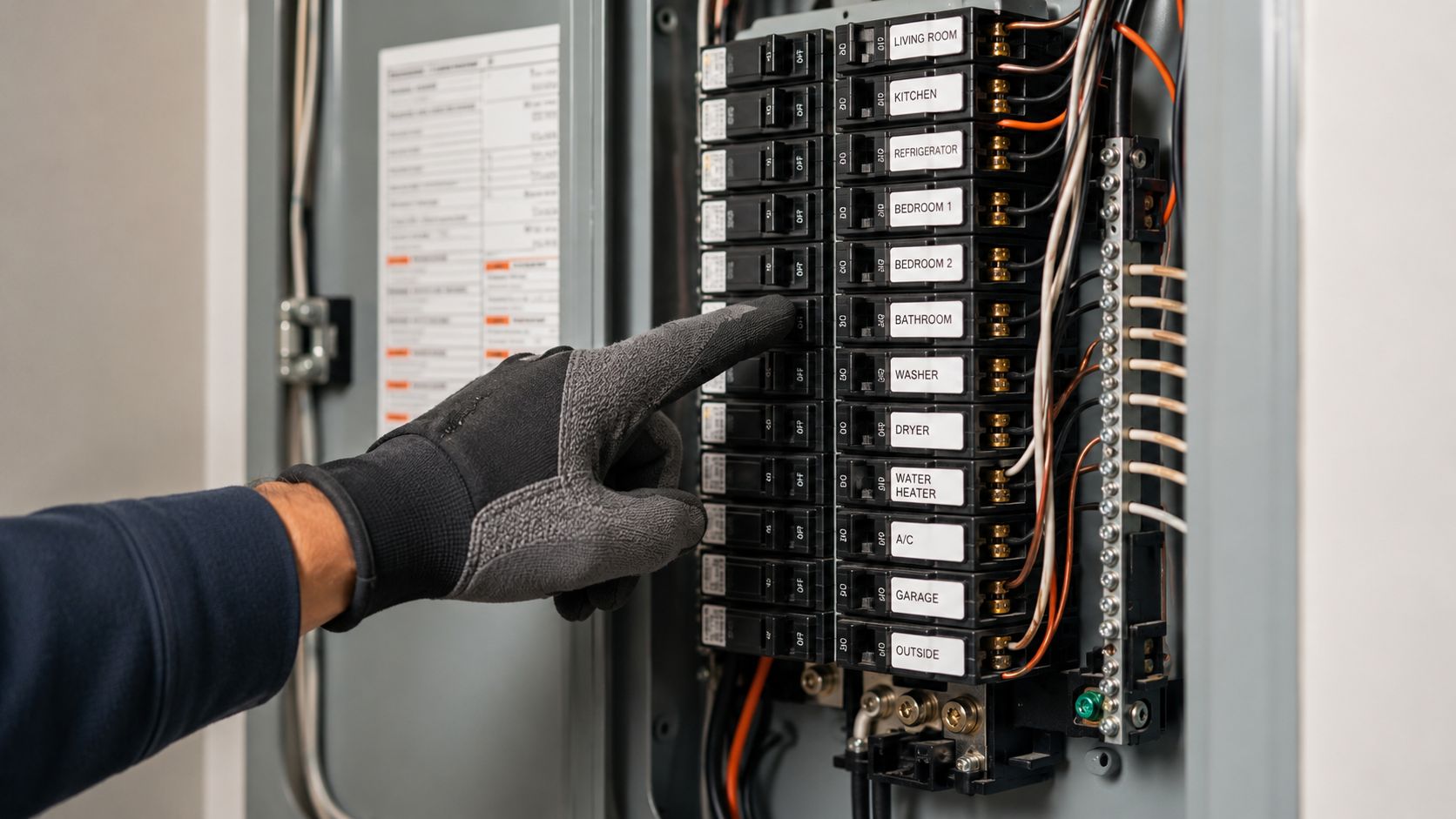 A professional electrician wearing protective gloves points to a specific circuit breaker in a home electrical panel.
