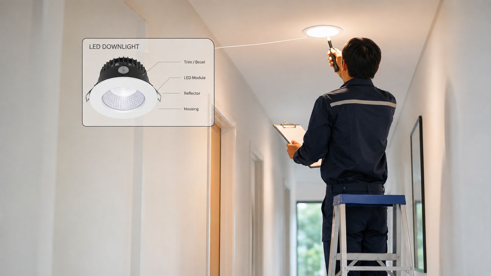 An electrician on a ladder inspecting a ceiling recessed LED downlight while holding a checklist.