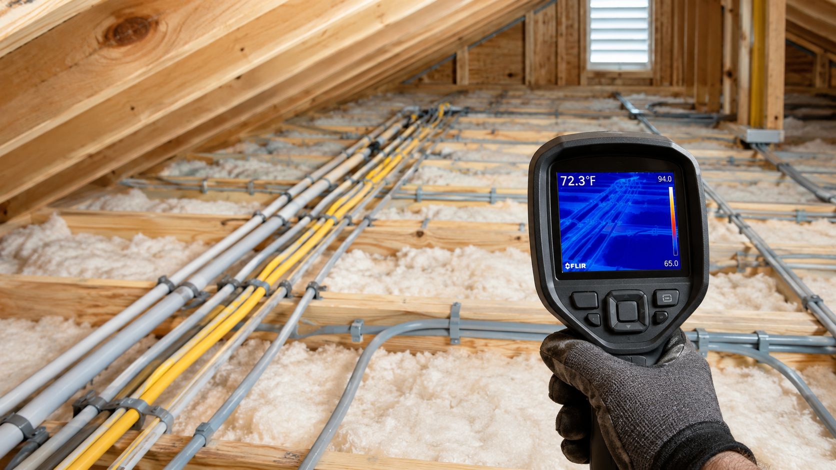 A professional inspector using a FLIR thermal imaging camera to check electrical wiring in an attic.