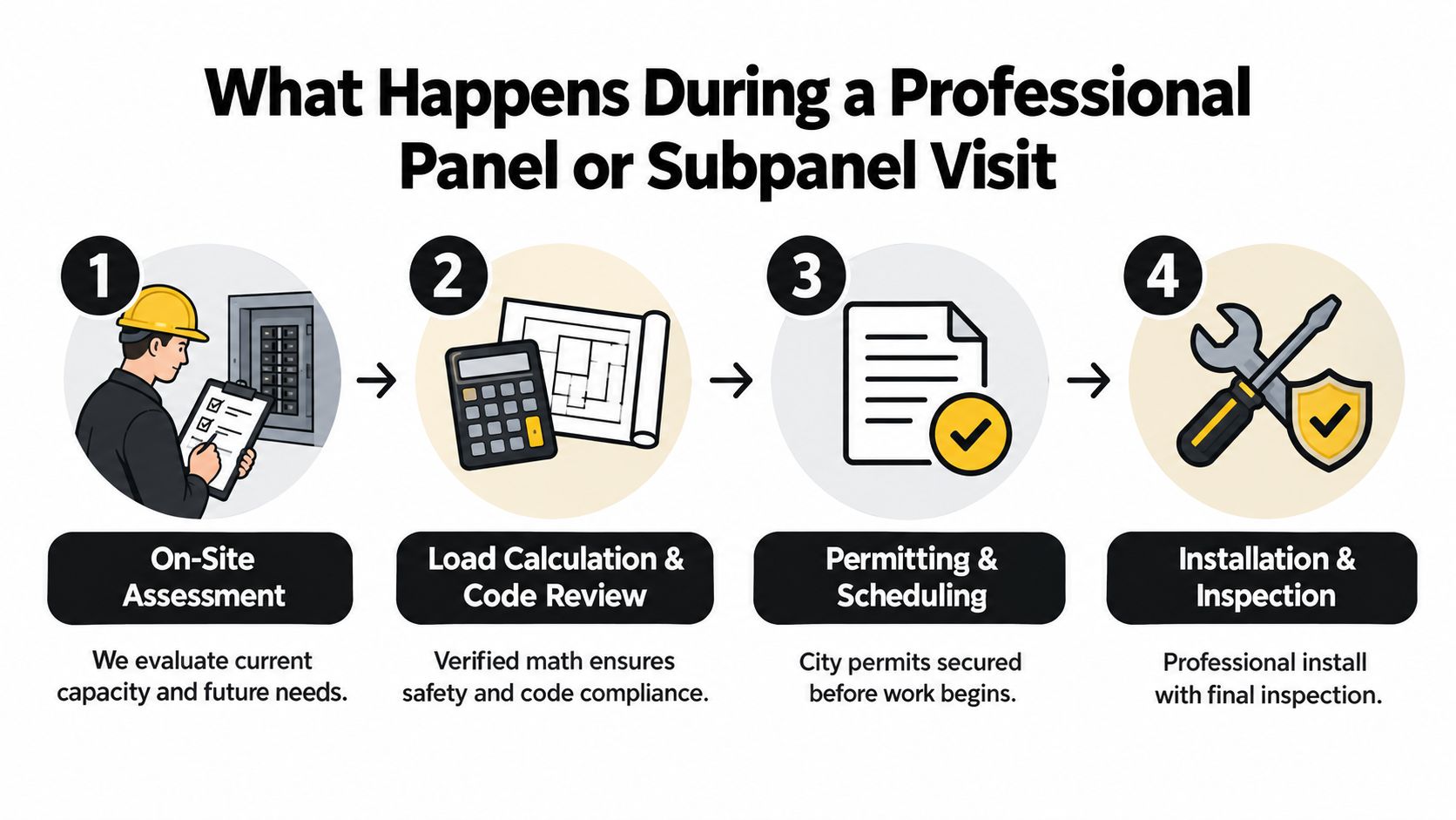 A four-step infographic showing the professional process for an electrical panel or subpanel installation and inspection.