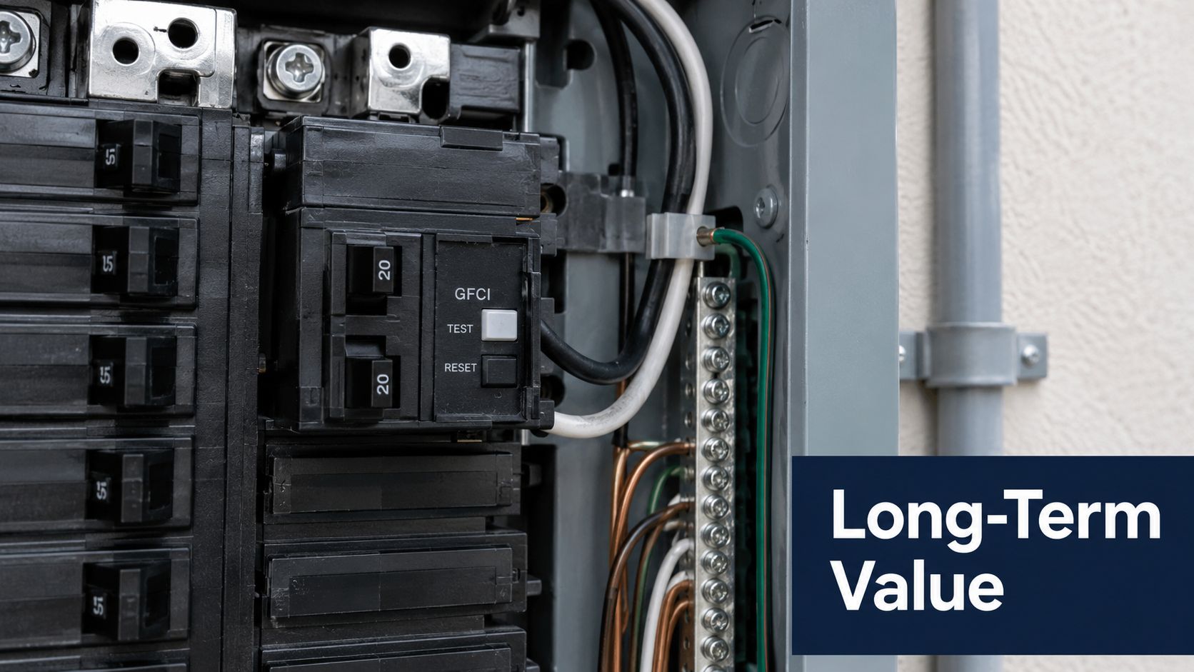 A close up view of an electrical circuit breaker panel inside a residential home setting.