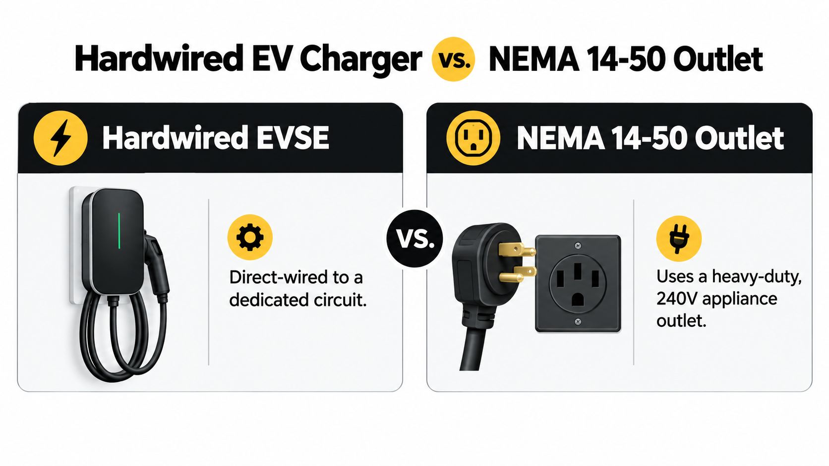 A comparison graphic showing the difference between a hardwired EV charger and a NEMA 14-50 outlet.