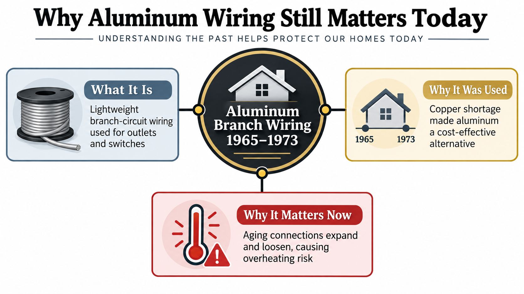 An infographic explaining the history, usage, and safety risks associated with residential aluminum branch wiring.