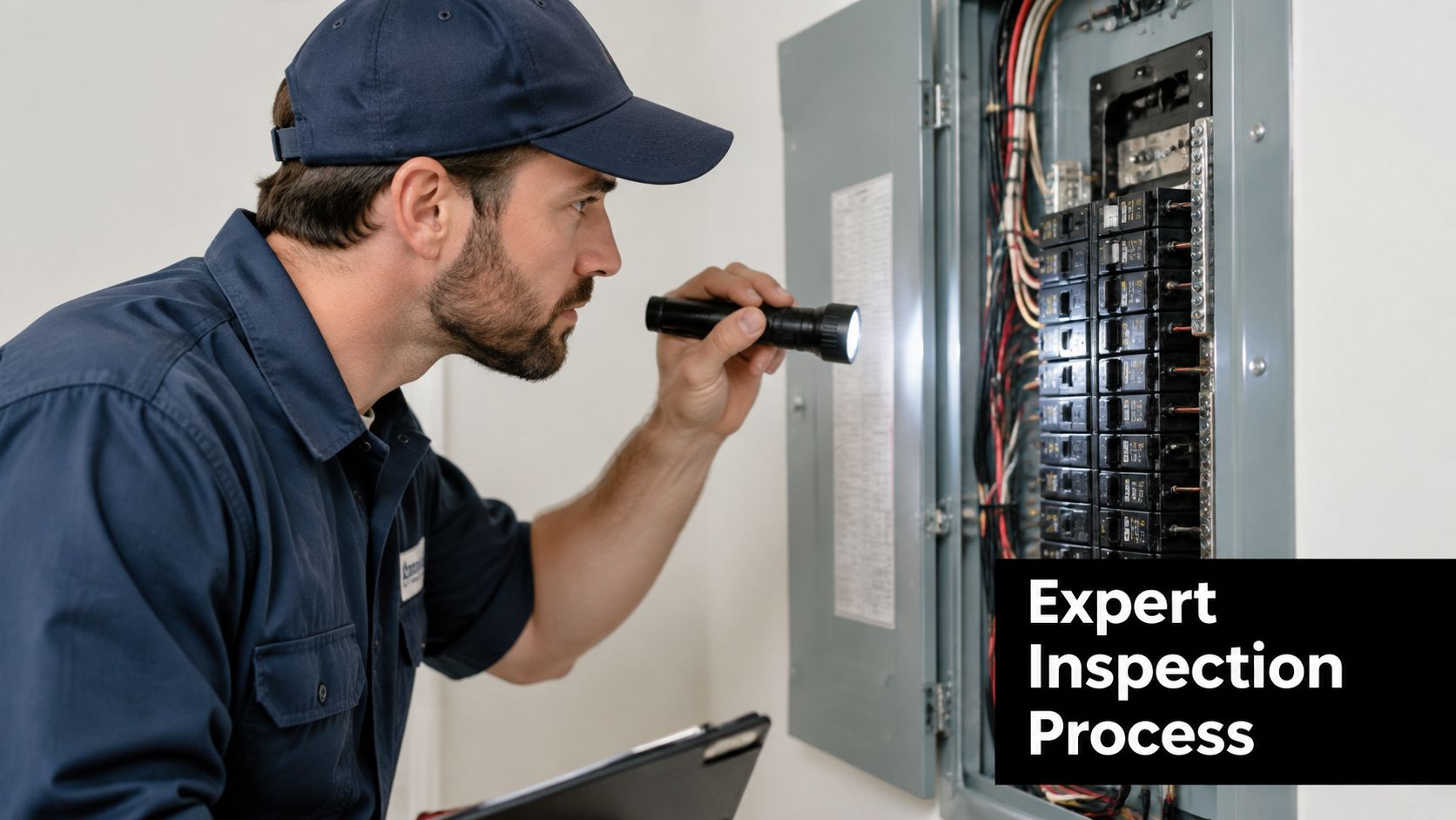 A professional electrician performing an inspection of a residential circuit breaker panel using a flashlight.