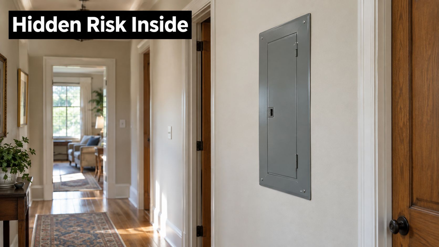 A gray electrical breaker panel mounted on a hallway wall in a residential home interior.