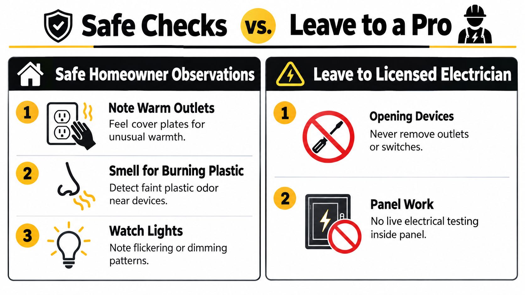 A safety infographic highlighting electrical warning signs for homeowners versus electrical tasks requiring a professional electrician.