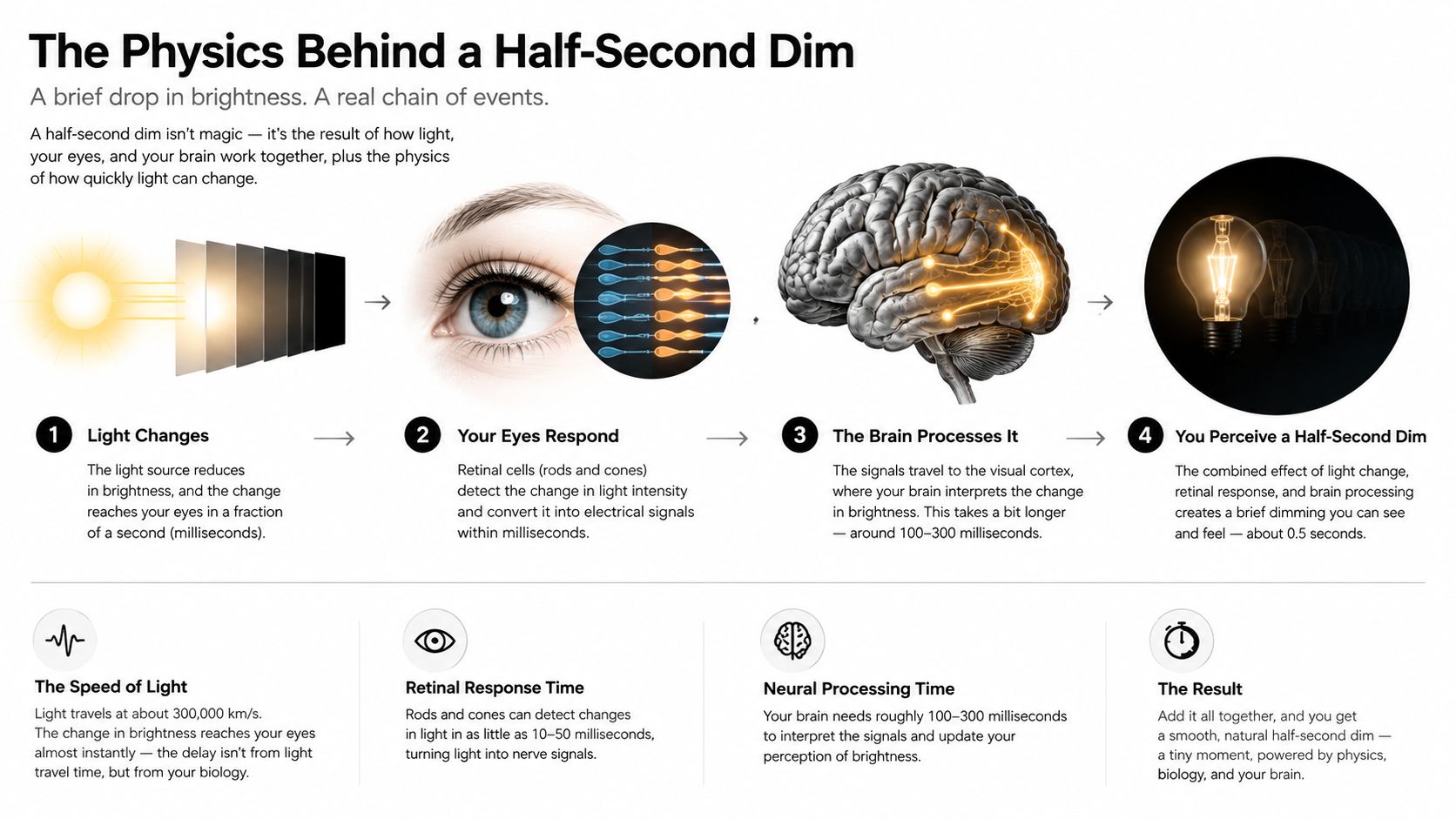 An infographic titled The Physics Behind a Half-Second Dim explaining how light changes, eye response, and brain processing interact.