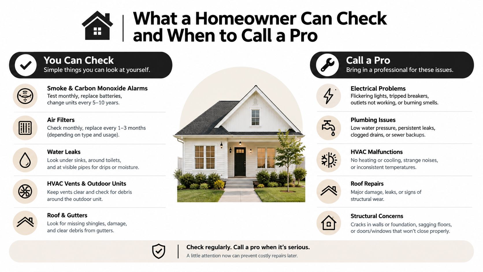 An infographic titled What a Homeowner Can Check and When to Call a Pro for house maintenance.
