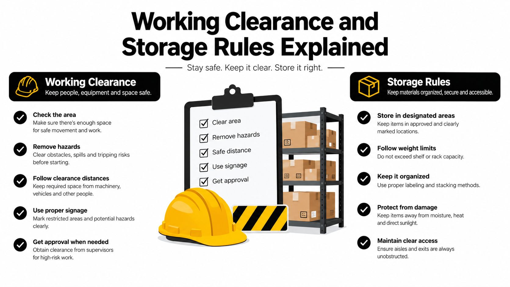 A safety infographic detailing proper working clearance and storage rules for workplace and industrial hazard prevention.