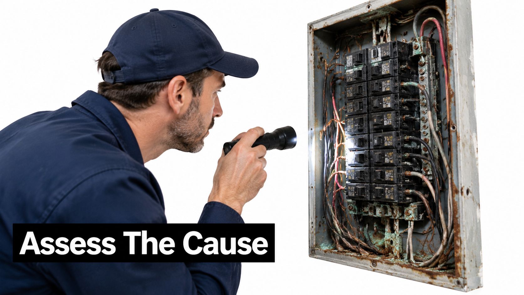 A professional electrician inspects a corroded and aging electrical circuit breaker panel using a handheld flashlight.