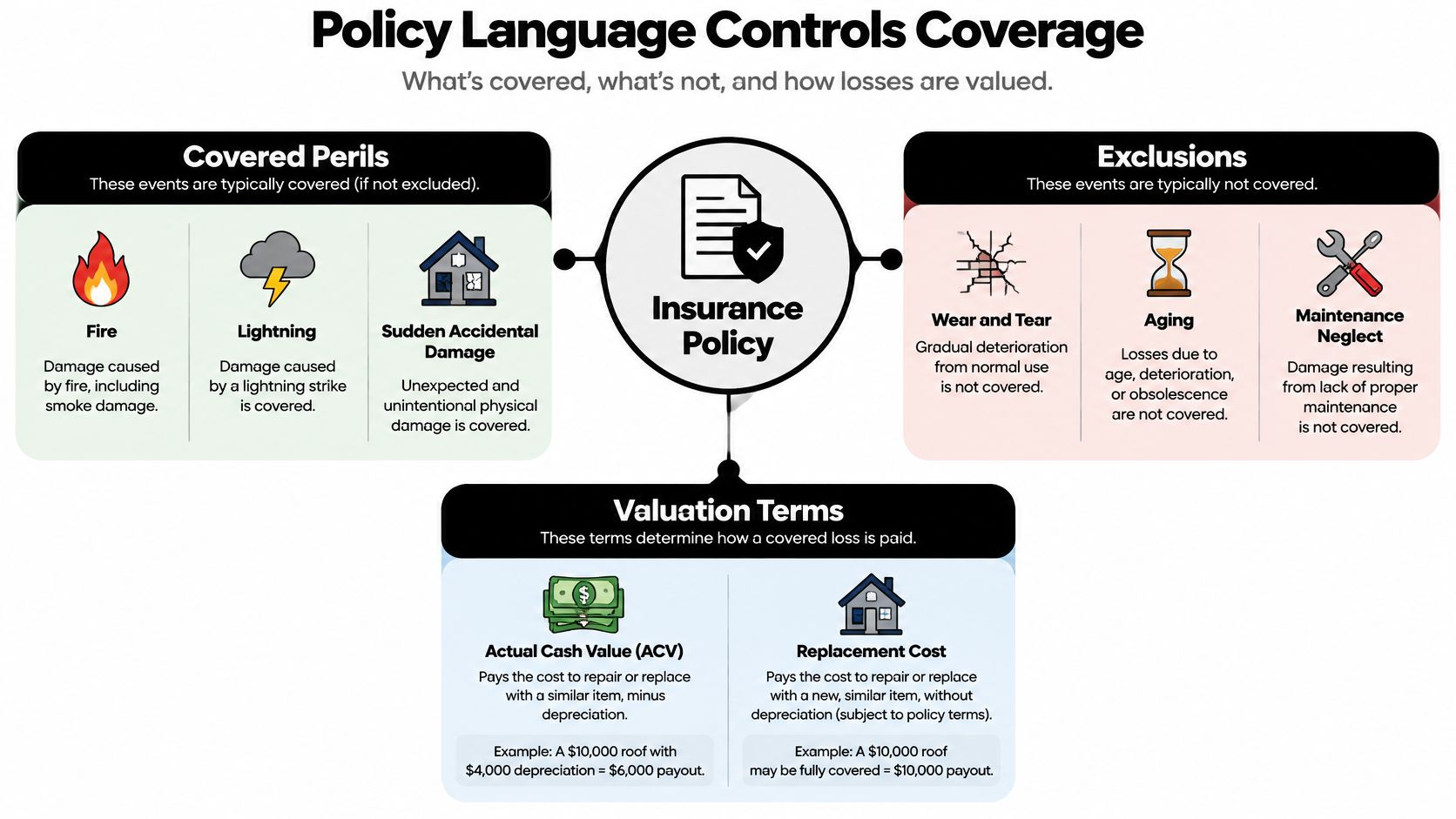 A diagram explaining homeowners insurance policy language including covered perils, exclusions, and property valuation methods.
