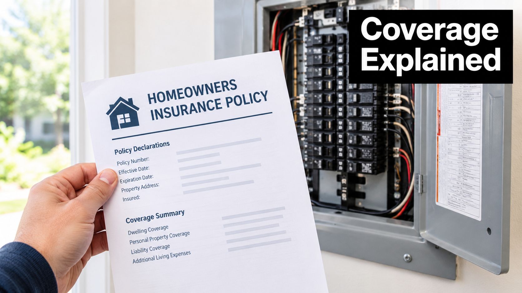 A hand holding a homeowners insurance policy document in front of an open residential electrical panel.