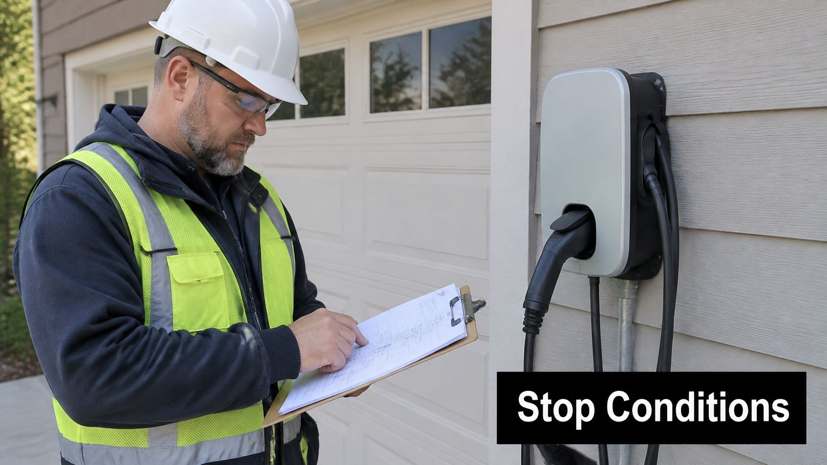 A professional electrician in safety gear reviewing paperwork near a mounted electric vehicle charging station.