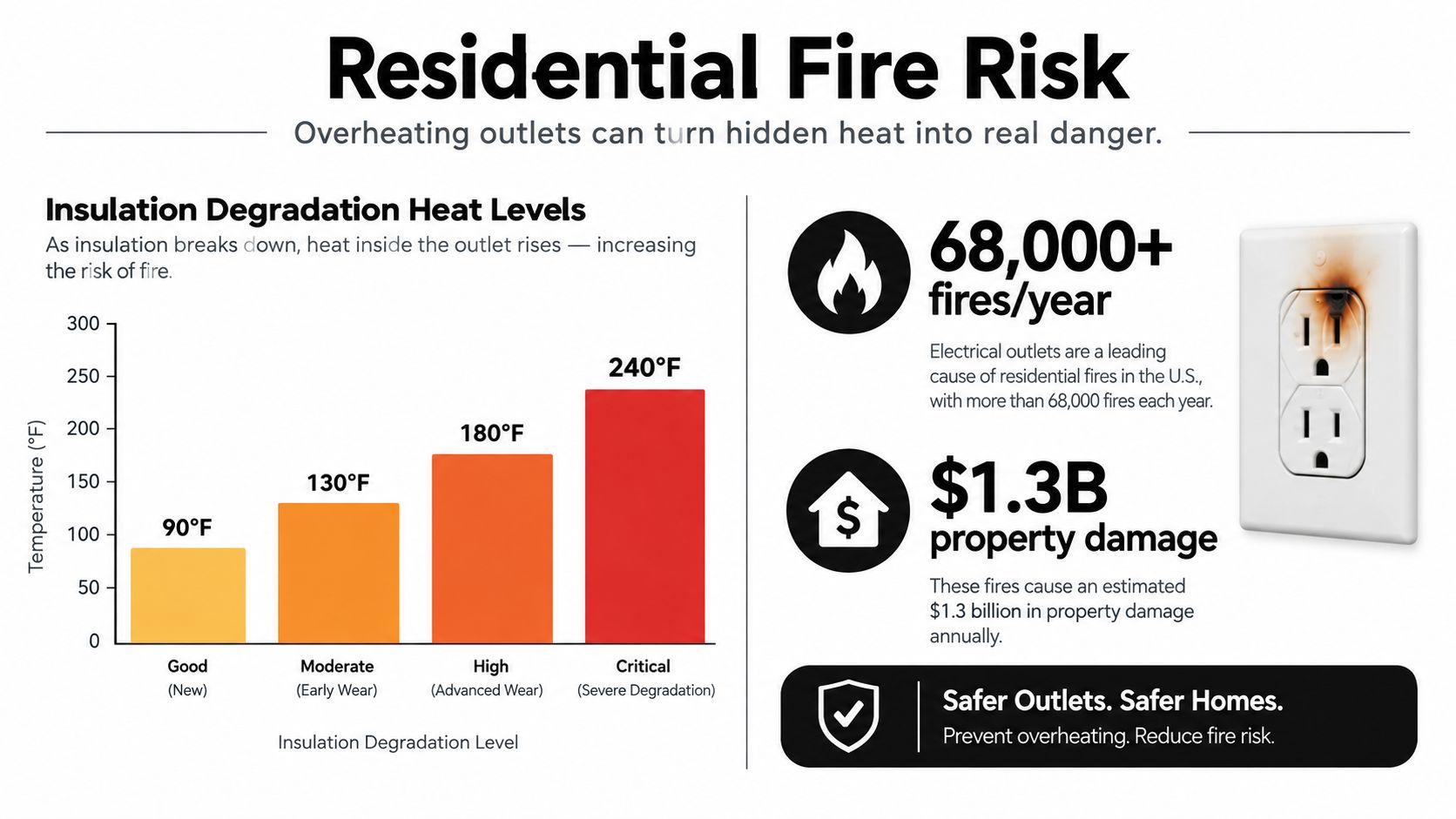 A bar chart illustrating how electrical outlet insulation degradation and rising temperatures increase residential fire risks annually.
