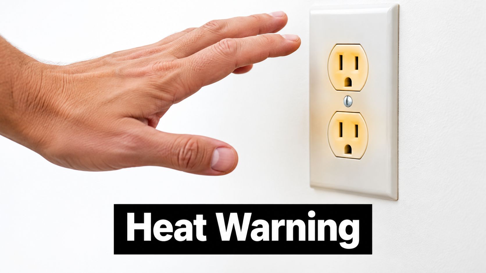 A human hand reaching toward a wall electrical outlet accompanied by a prominent heat warning sign.