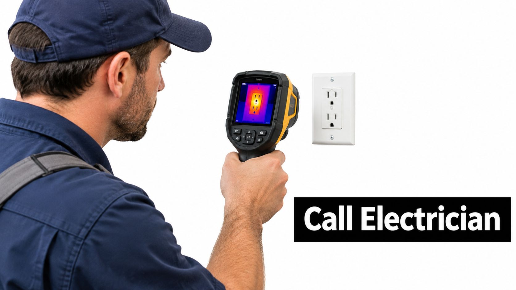 A technician using a thermal imaging camera to inspect a wall-mounted electrical outlet for potential safety issues.