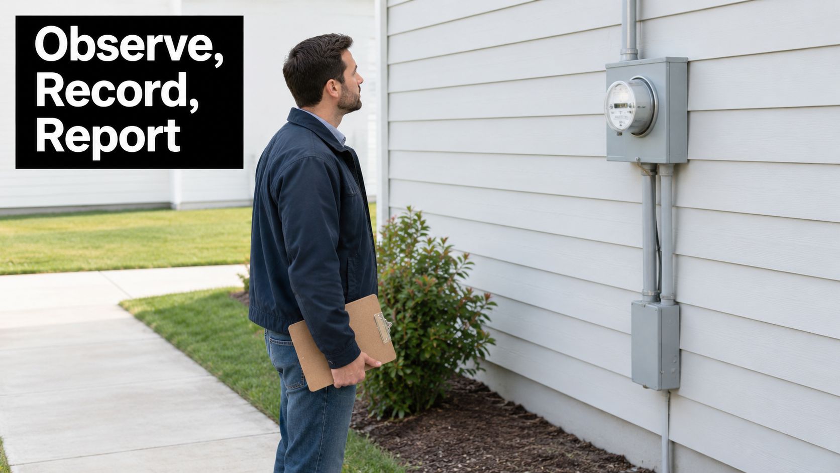 A utility worker inspects an electrical meter on the side of a residential house with a clipboard.