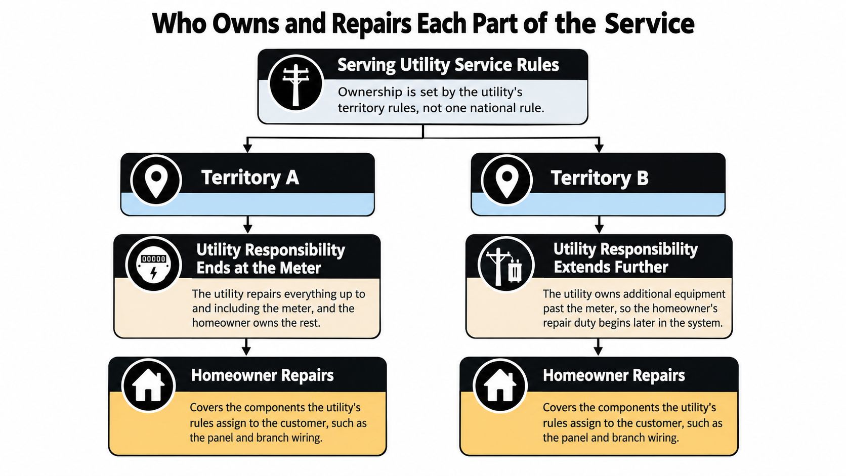 A diagram illustrating how utility service ownership and repair responsibilities vary between different geographic service territories.