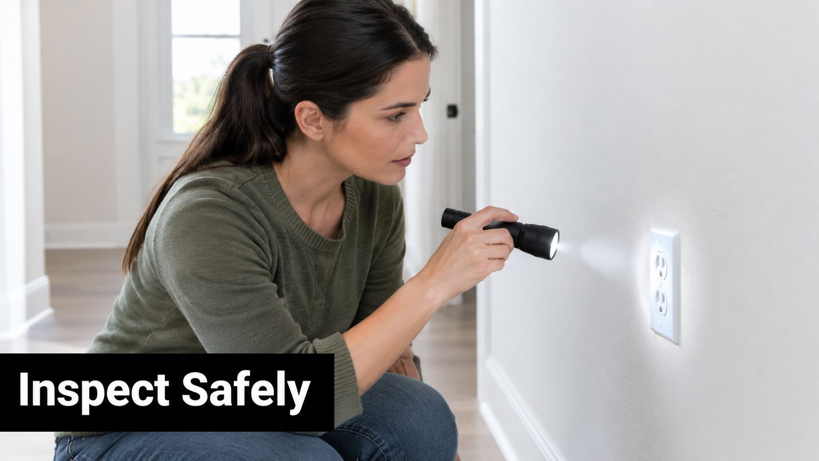 A woman kneeling down to safely inspect a white wall electrical outlet using a handheld flashlight.