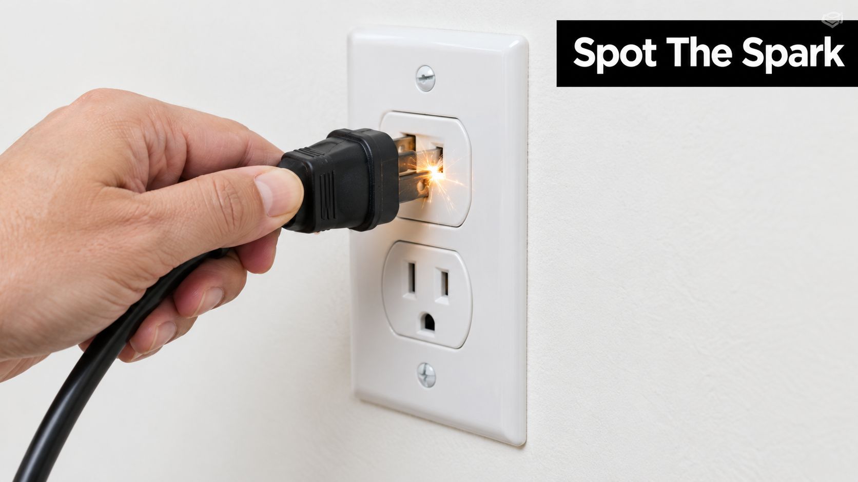 A close-up shot of a hand plugging a black electric cord into a wall outlet creating sparks.