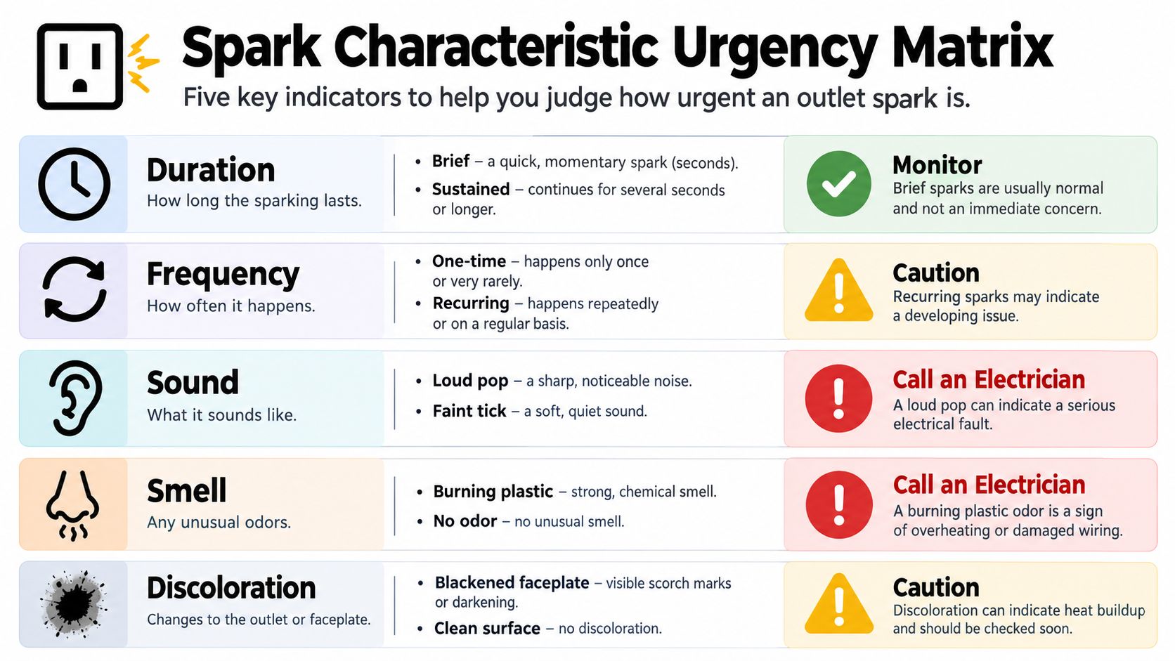 An infographic titled Spark Characteristic Urgency Matrix explaining when to worry about sparks from electrical wall outlets.