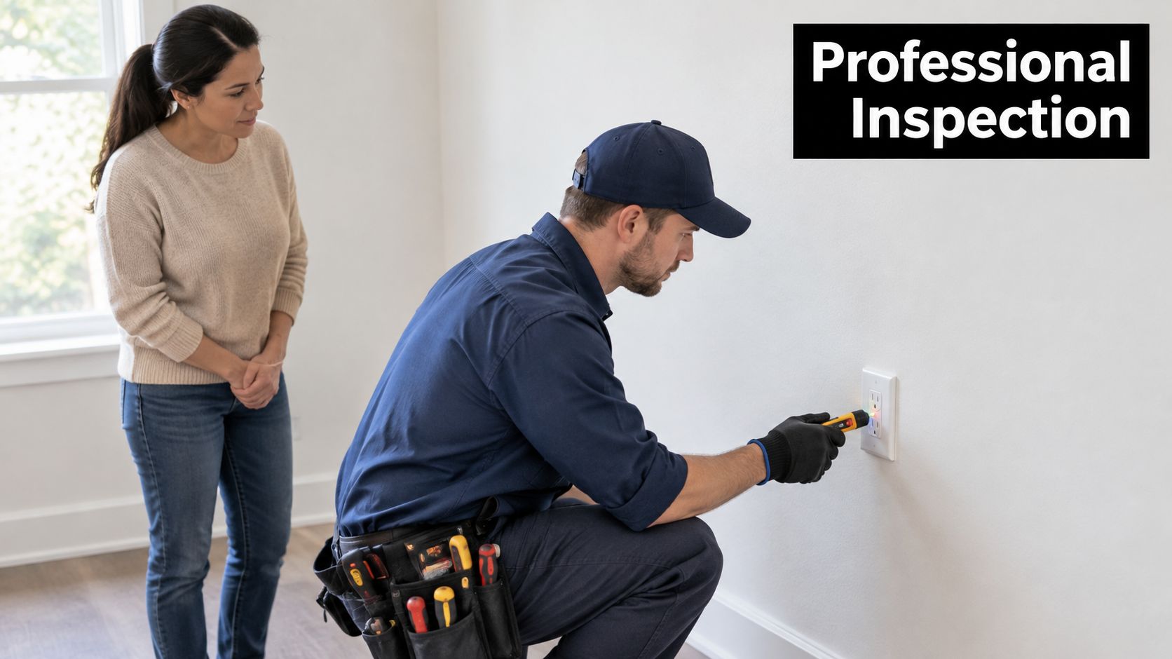 A professional electrician performing an inspection on a wall outlet while a woman looks on.