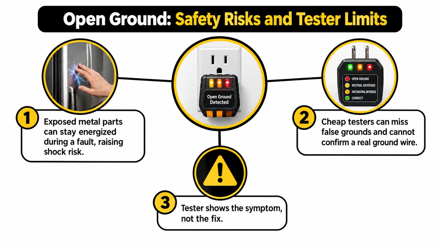 An infographic titled Open Ground showing electrical safety risks and the limitations of outlet testers.