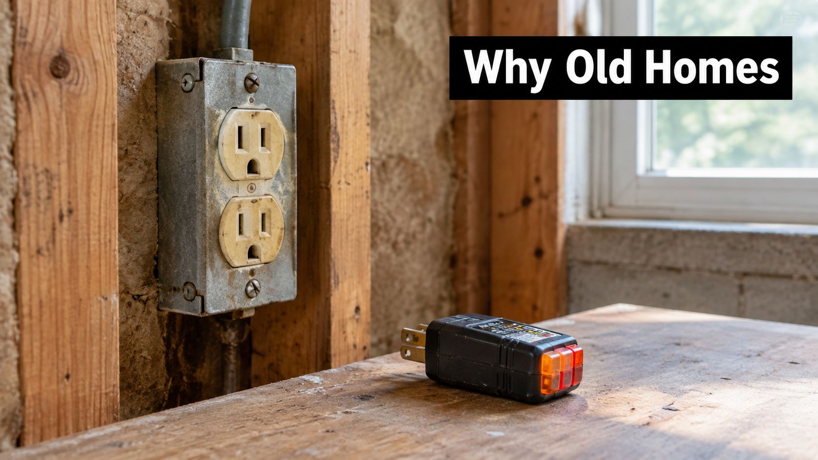 A close-up view of an old electrical outlet on a wooden stud wall and a circuit tester.