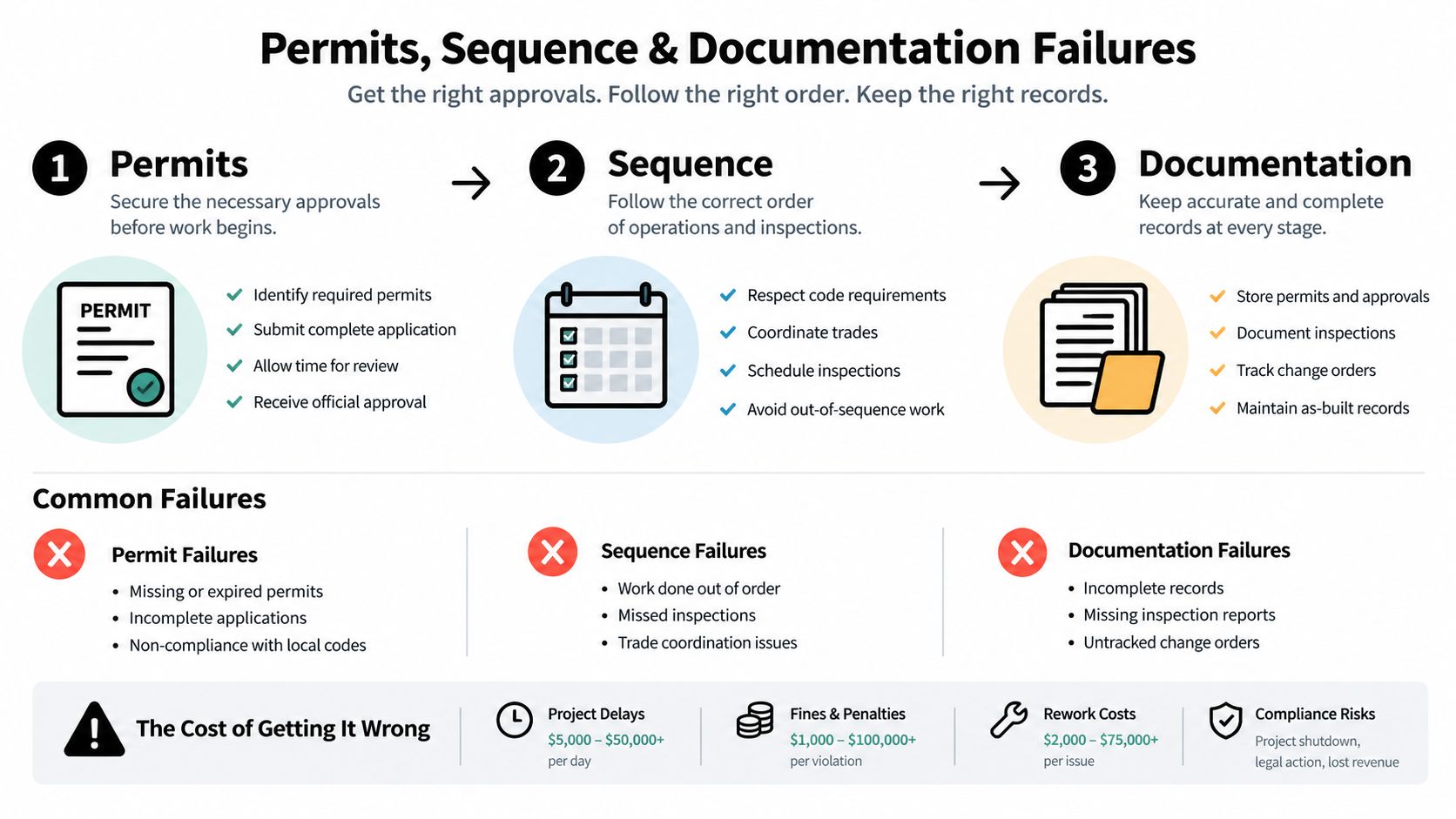 An infographic showing the importance of permits, sequence, and documentation in construction to avoid project failures.