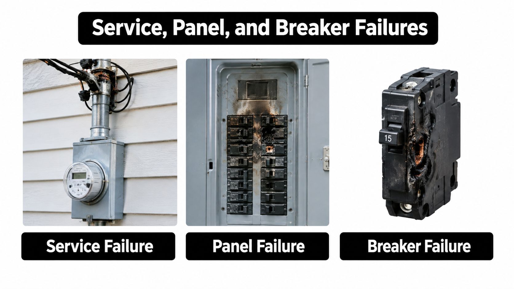 An educational graphic showing examples of electrical service, panel, and breaker failures in a home electrical system.
