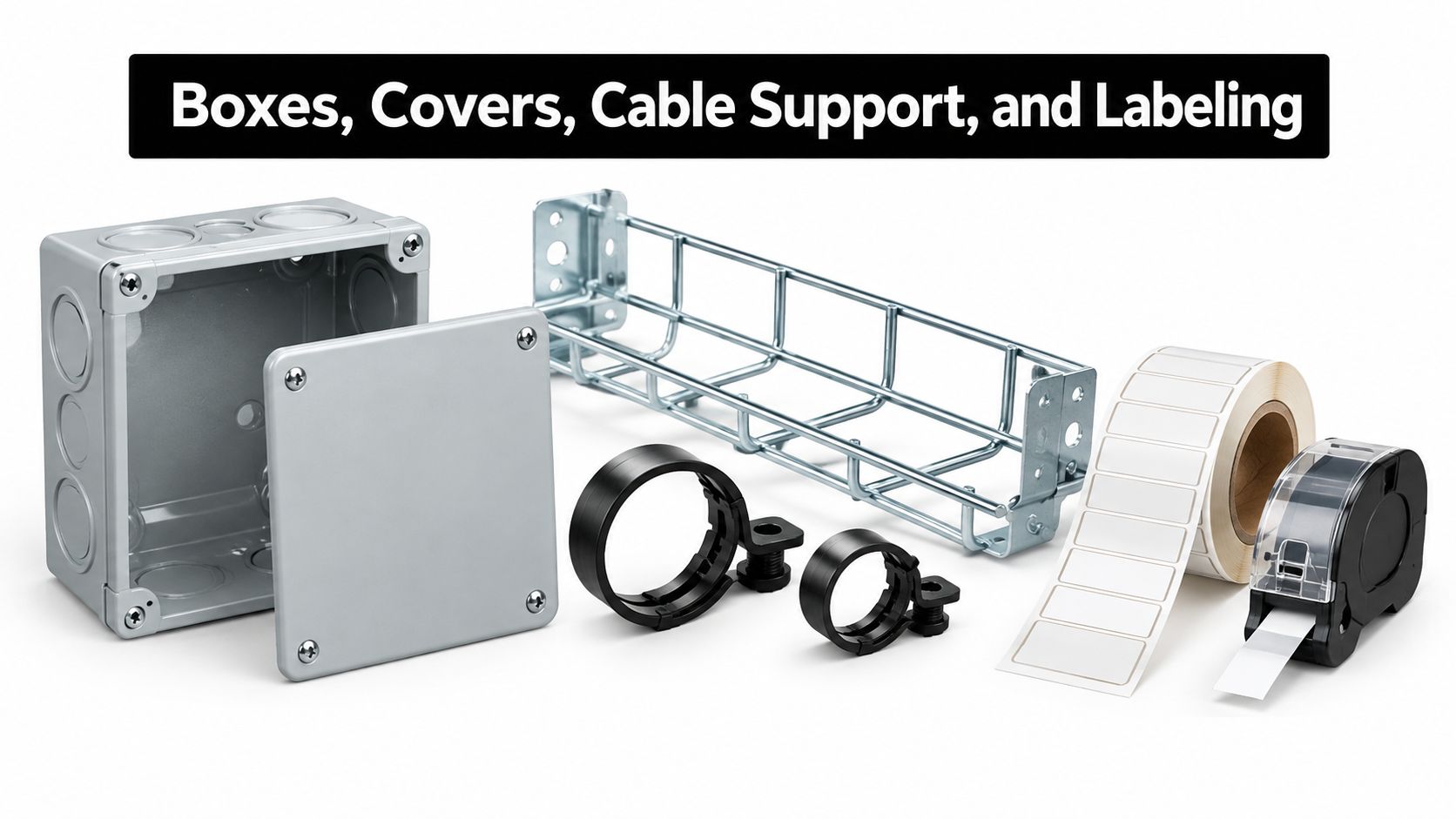 An assortment of electrical construction supplies including a junction box, wire basket tray, cable clips, and labels.